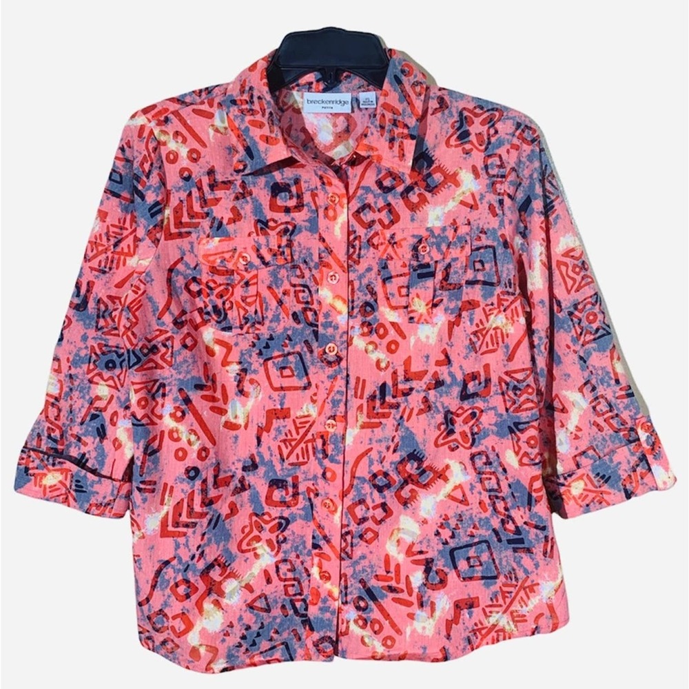 BRECKENRIDGE GEOMETRIC TOP BLOUSE SIZE SP 3/4 SLEEVELESS BUTTON DOWN CLOSURE